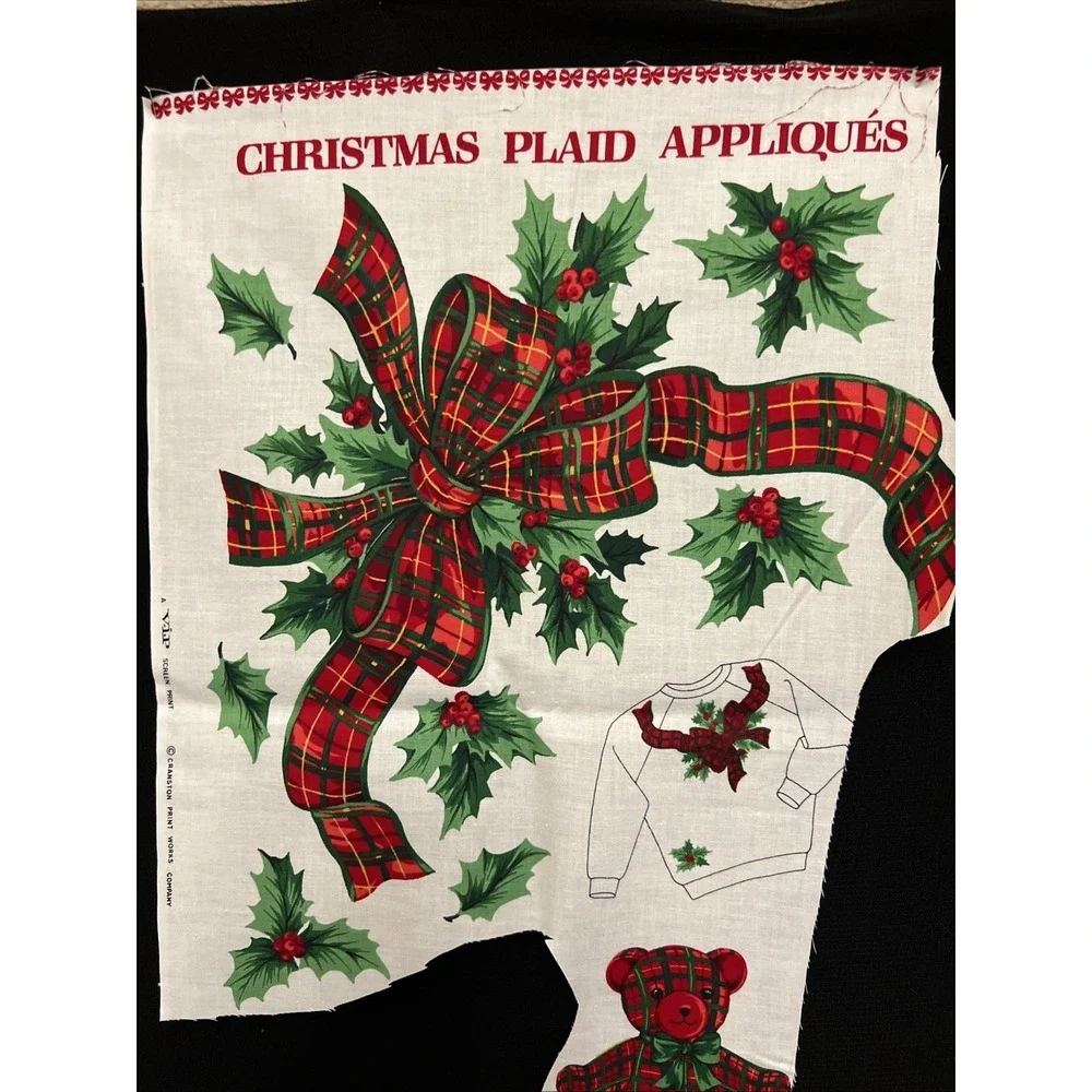 Vintage Christmas Red Plaid Teddy Bear Bows Applique Fabric Panel Cranston